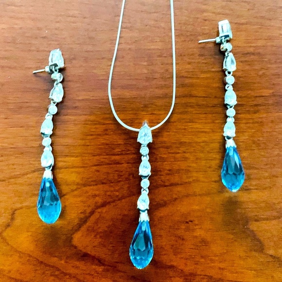 Sterling Silver jewelry set Necklace & long Dangle Earring blue gem stone zircon - Picture 7 of 9